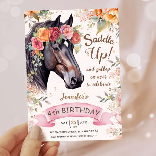 Girls Horse 4th Birthday Pink Cowgirl Saddle Up Invitation