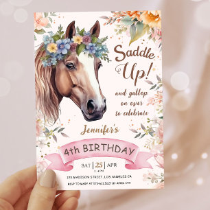 Girls Horse 4th Birthday Pink Floral Saddle Up Invitation