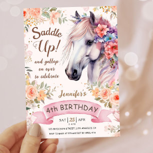 Girls Horse 4th Birthday Pink Flowers Saddle Up! Invitation