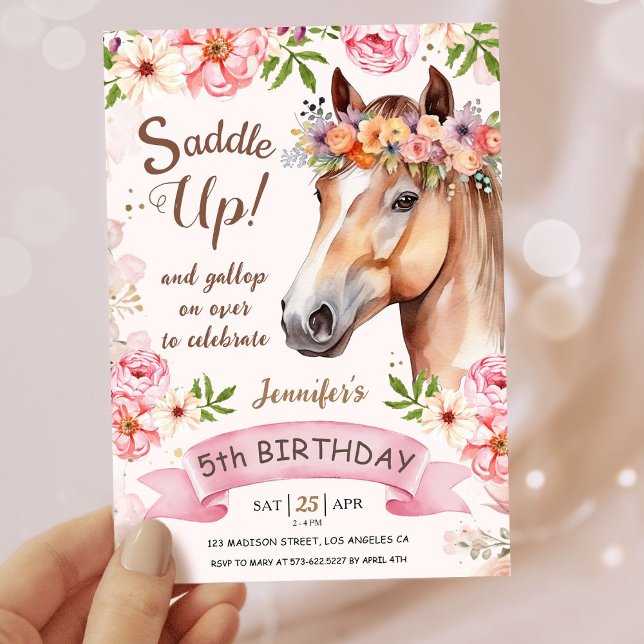 Girls Horse 5th Birthday Floral Saddle Up! Invitation (Creator Uploaded)