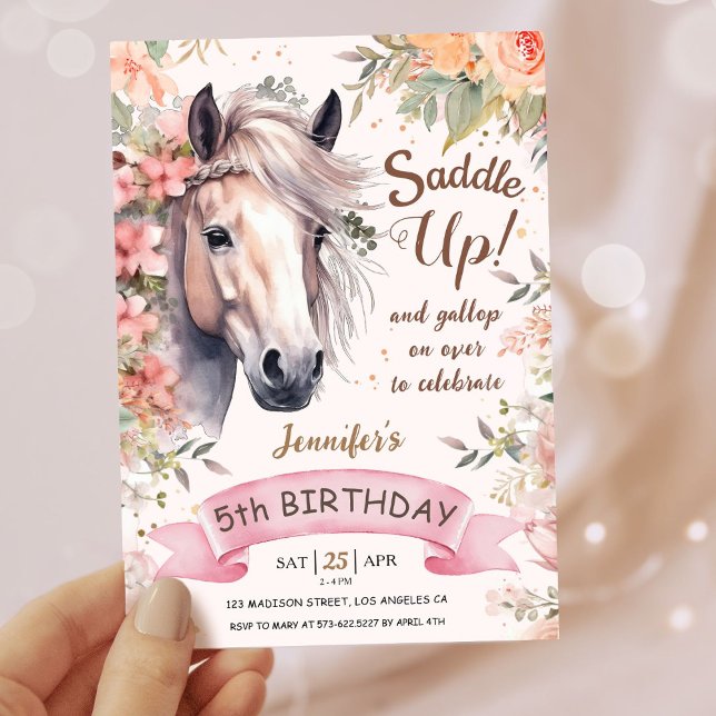 Girls Horse 5th Birthday Floral Wild Saddle Up Invitation (Creator Uploaded)