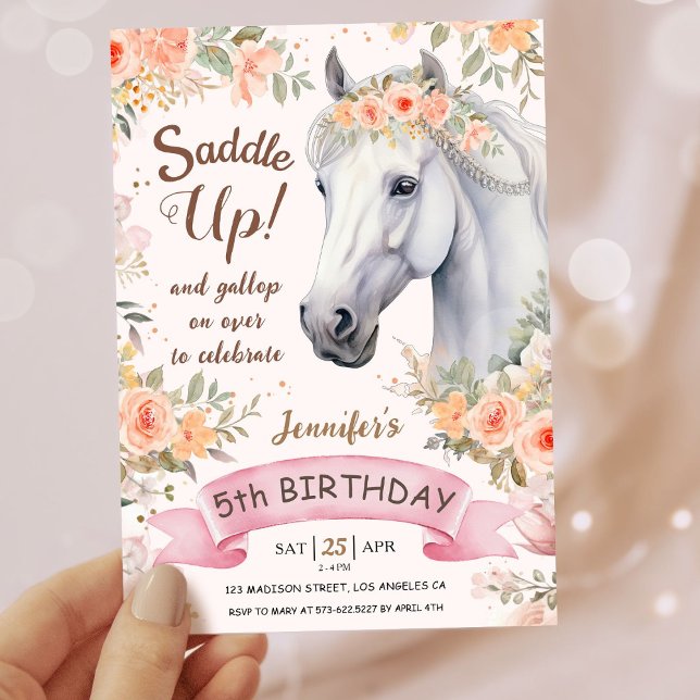 Girls Horse 5th Birthday Pink Floral Saddle Up Invitation (Creator Uploaded)