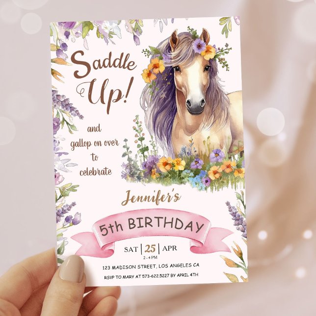 Girls Horse 5th Birthday Purple Floral Saddle Up Invitation (Creator Uploaded)