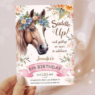 Girls Horse 6th Birthday Pink Floral Saddle Up   Invitation