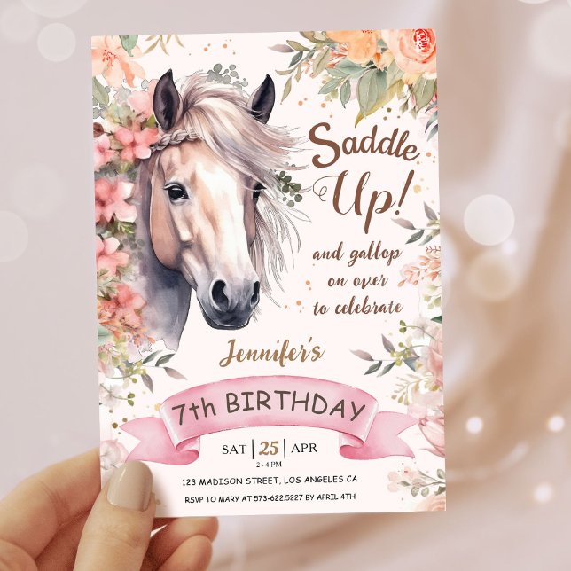 Girls Horse 7th Birthday Floral Wild Saddle Up Invitation (Creator Uploaded)