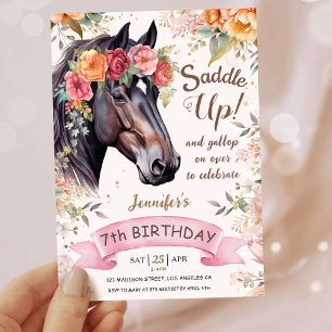 Girls Horse 7th Birthday Pink Cowgirl Saddle Up Invitation