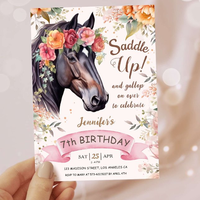 Girls Horse 7th Birthday Pink Cowgirl Saddle Up Invitation (Creator Uploaded)