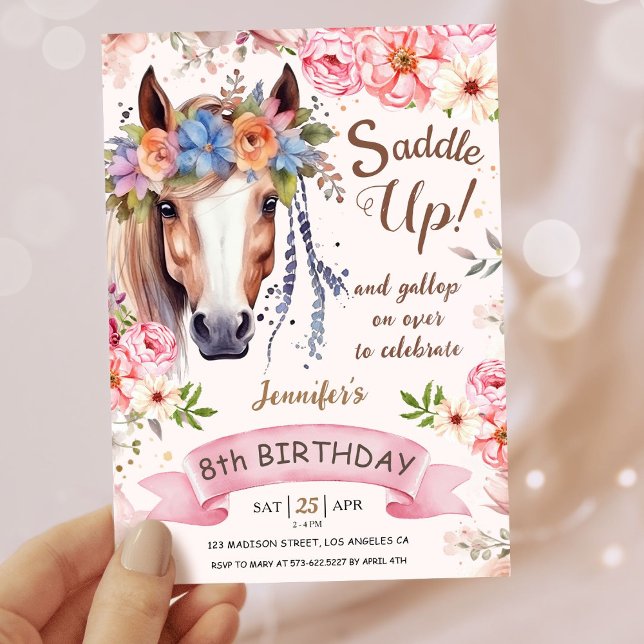 Girls Horse 8th Birthday Pink Floral Cowgirl Invitation (Creator Uploaded)