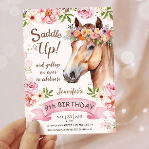 Girls Horse 9th Birthday Floral Saddle Up! Invitation