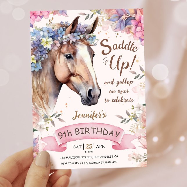 Girls Horse 9th Birthday Floral Saddle Up!  Invitation (Creator Uploaded)