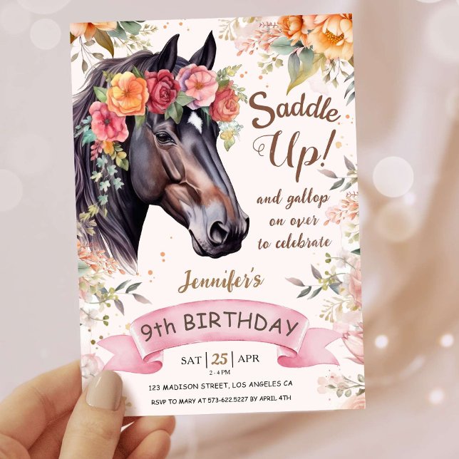 Girls Horse 9th Birthday Pink Cowgirl Saddle Up Invitation (Creator Uploaded)