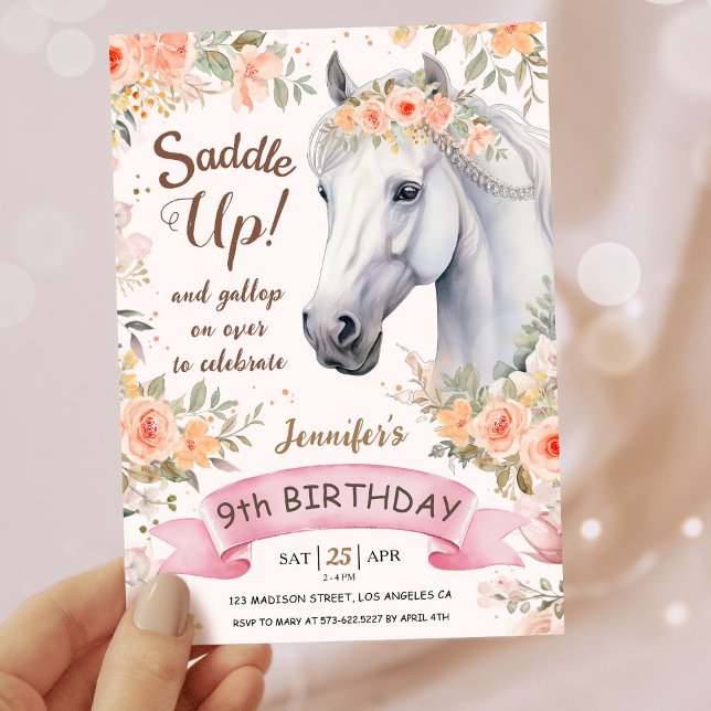 Girls Horse 9th Birthday Pink Floral Saddle Up Invitation (Creator Uploaded)