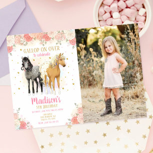 Girls Horse Pony Watercolor Floral Photo Birthday Invitation