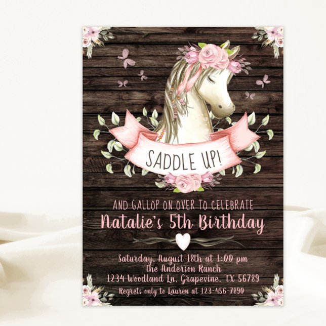 Girls Horse Rustic Wood Pink Floral Birthday Party Invitation (Cute rustic watercolor pony any number birthday party invitation. Simply add your event details.)