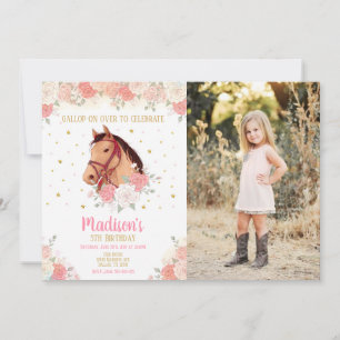 Girls Horse Watercolor Floral Photo Birthday Invitation
