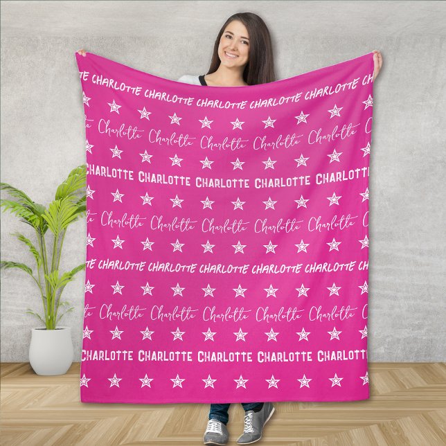 Girl's Hot Pink Monogram Pattern Stars Fleece Blanket (Creator Uploaded)