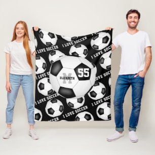 girls I love soccer black and white Fleece Blanket