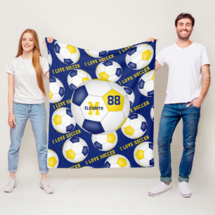 girls I love soccer text blue gold black Fleece Blanket