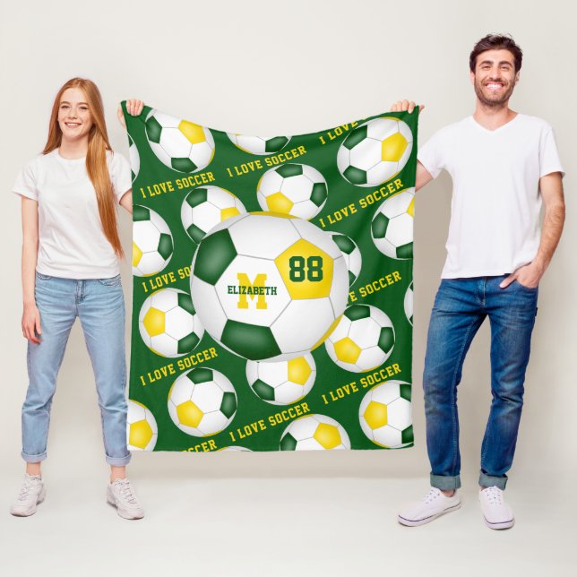 girls I love soccer text green gold  Fleece Blanket (In Situ)