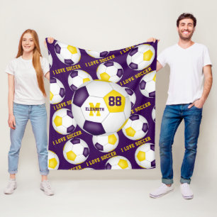girls I love soccer text purple gold white Fleece Blanket