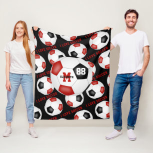 girls I love soccer text red black white Fleece Blanket