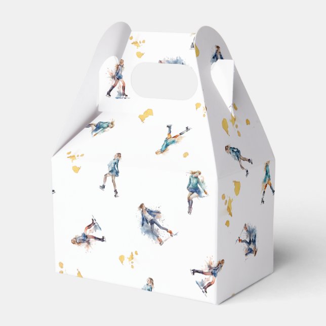 Girls Ice-Skating, Hockey Blue Gold Birthday Party Favour Box (Front Side)