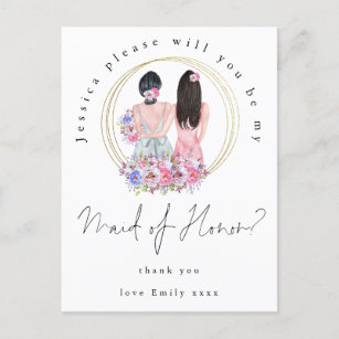 Girls Illustration Be My Maid of Honour Script  Invitation Postcard