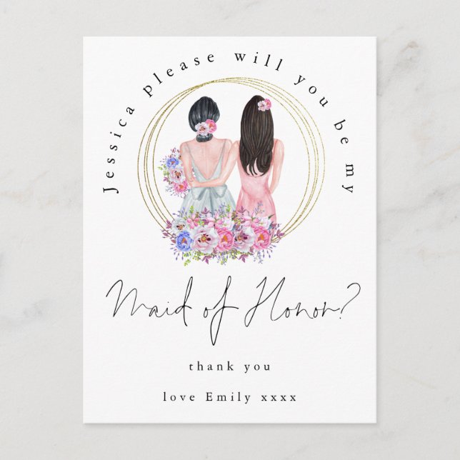 Girls Illustration Be My Maid of Honour Script  Invitation Postcard (Front)