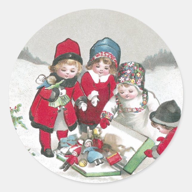 Girls in Red Coats with Dolls Classic Round Sticker (Front)