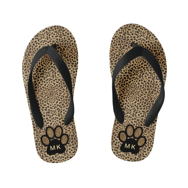 Girls Initials on Cheetah Animal Print Cat Paw Kid's Jandals (Footbed)