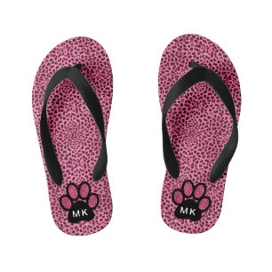 Girls Initials on Pink Cheetah Cat Paw Print Kid's Jandals