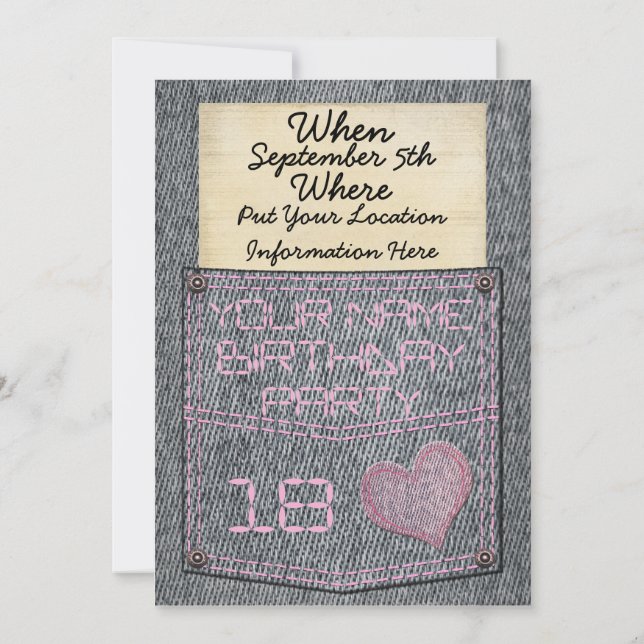 Girls Jeans Pocket Birthday Party Invitations (Back)
