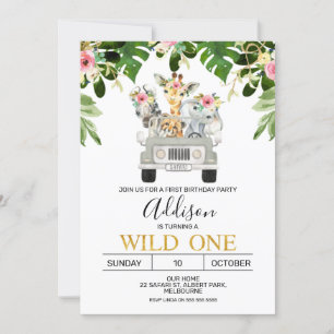 Girls Jeep Safari Wild One Birthday Invitation