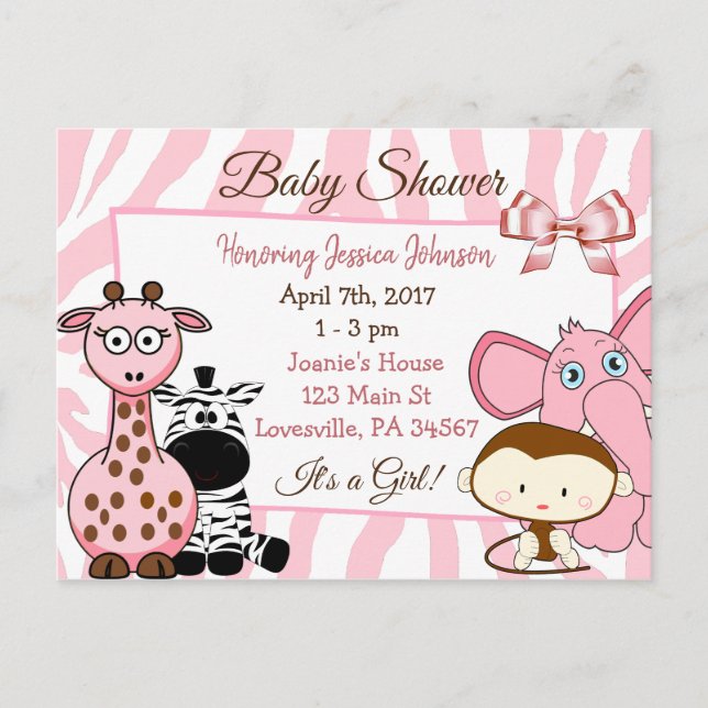 Girl's Jungle or Zoo Animals Themed Baby Shower Invitation Postcard (Front)