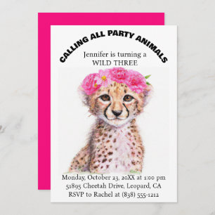 Girl's Jungle Safari Animals Baby Cheetah Birthday Invitation