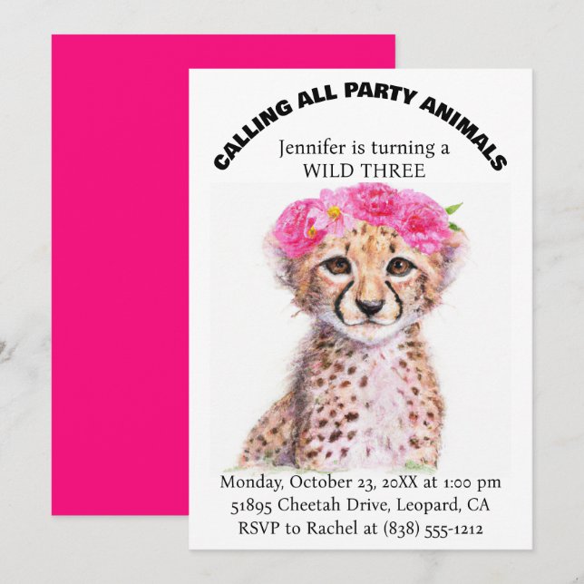 Girl's Jungle Safari Animals Baby Cheetah Birthday Invitation (Front/Back)