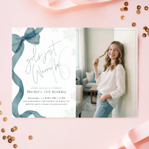 Girls Just Wanna Be 16   Winter Bow Photo Birthday Invitation