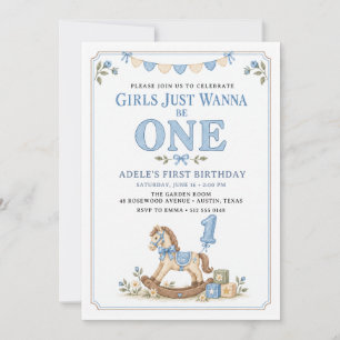 Girls Just Wanna Be One Blue Rocking Horse 1stBday Invitation