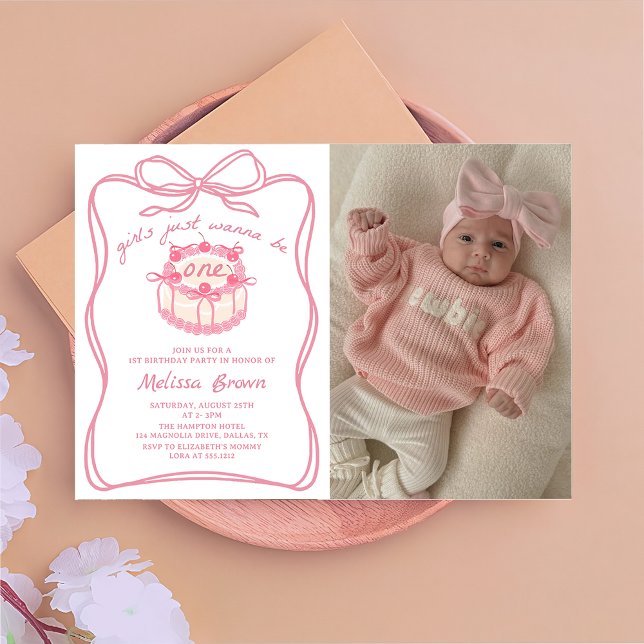 Girls Just Wanna Be One Bow 1st Birthday Photo Invitation (Creator Uploaded)