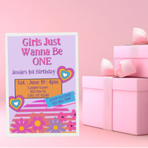 Girls Just Wanna Be One, Colorful 80s 1st Birthday Invitation