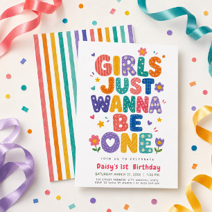 Girls Just Wanna Be One Colorful First Birthday Invitation