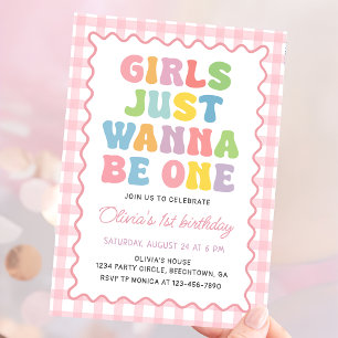 Girls Just Wanna Be One Gingham Colourful Birthday Invitation