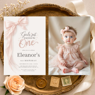 Girls Just Wanna be One Photo Bow 1st Birthday Invitation