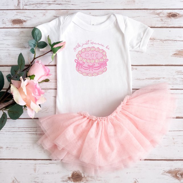 Girls Just Wanna Be One Pink Bow 1st Birthday Baby Bodysuit (Girls Just Wanna Be One Pink Bow 1st Birthday Baby Bodysuit)