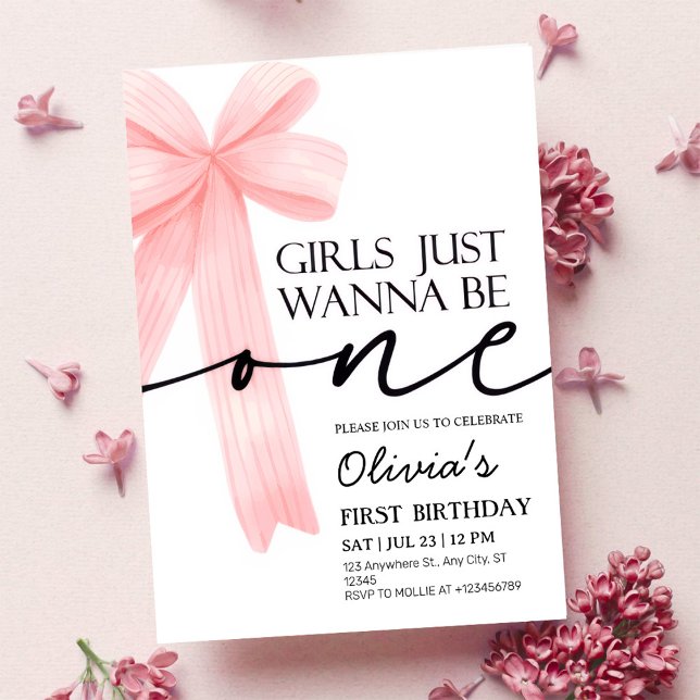 Girls Just Wanna Be One Pink Bow 1st Birthday Invitation (Creator Uploaded)