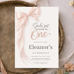 Girls Just Wanna be One Pink Bow 1st Birthday Invitation