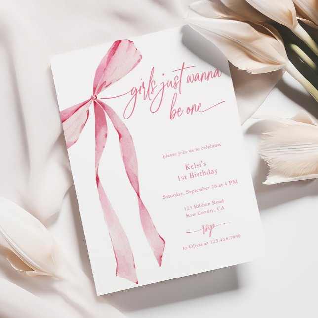 Girls Just Wanna Be One Pink Bow 1st Birthday Invitation (Creator Uploaded)