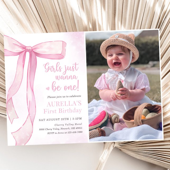 Girls Just Wanna Be One Pink Bow 1st Birthday Invitation (Creator Uploaded)