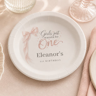 Girls Just Wanna be One Pink Bow 1st Birthday Paper Plate