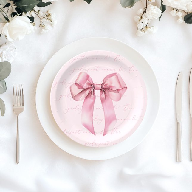 Girls just wanna be One Pink Bow Birthday Paper Plate (Creator Uploaded)